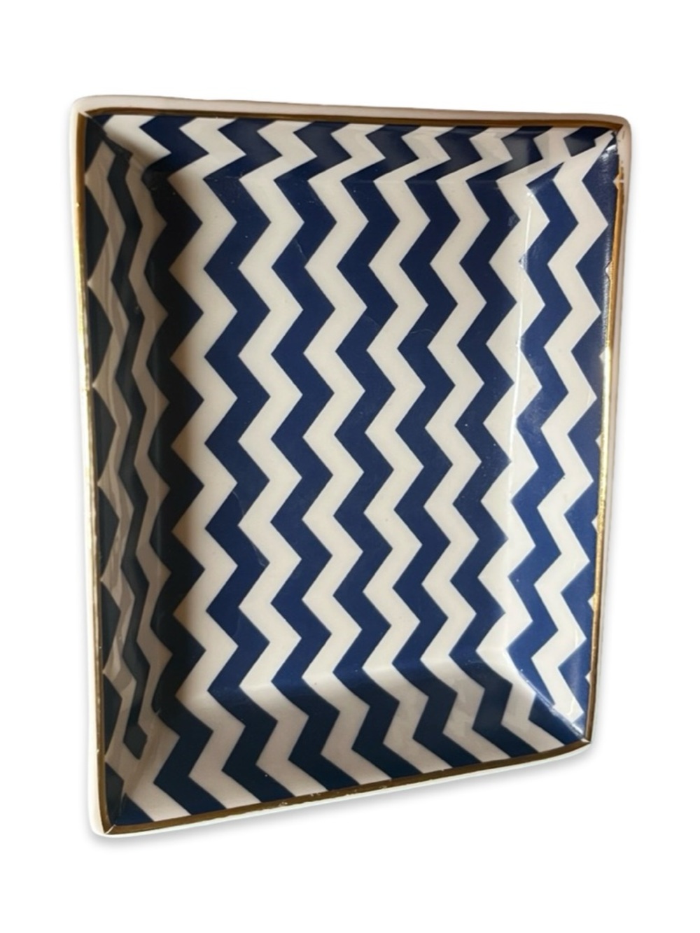 J CREW Navy Chevron Ceramic Trinket Tray with Gold Rim. Like new.